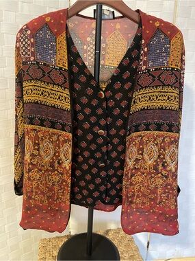 Carole Little Bohemian Open-Front Kimono Jacket - Black & Rust